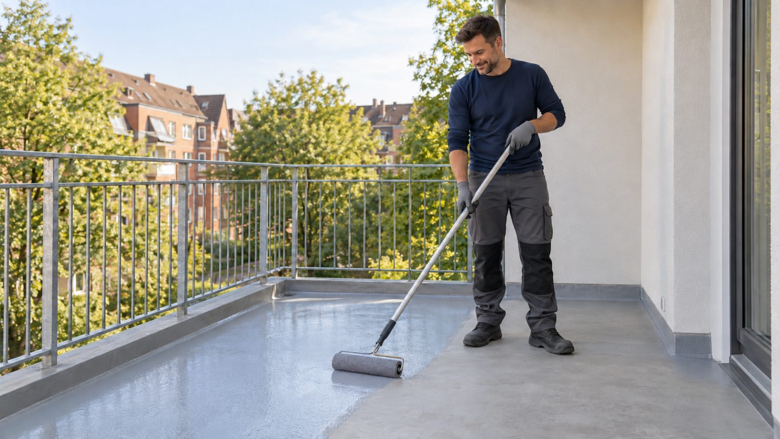 Symbolbild: Arbeiter bei der Beschichtung eines Balkons, von Kopf bis Fuß sichtbar